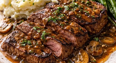 Herb-Crusted Beef Steaks with Mushroom Gravy Recipe