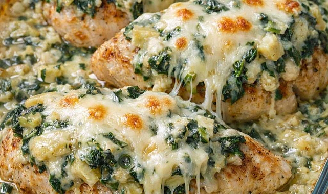 Oven Baked 3-Ingredient Spinach Artichoke Dip Chicken Recipe
