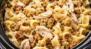 Slow Cooker 4-Ingredient Amish Chicken Stuffing Noodles Recipe