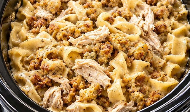 Slow Cooker 4-Ingredient Amish Chicken Stuffing Noodles Recipe